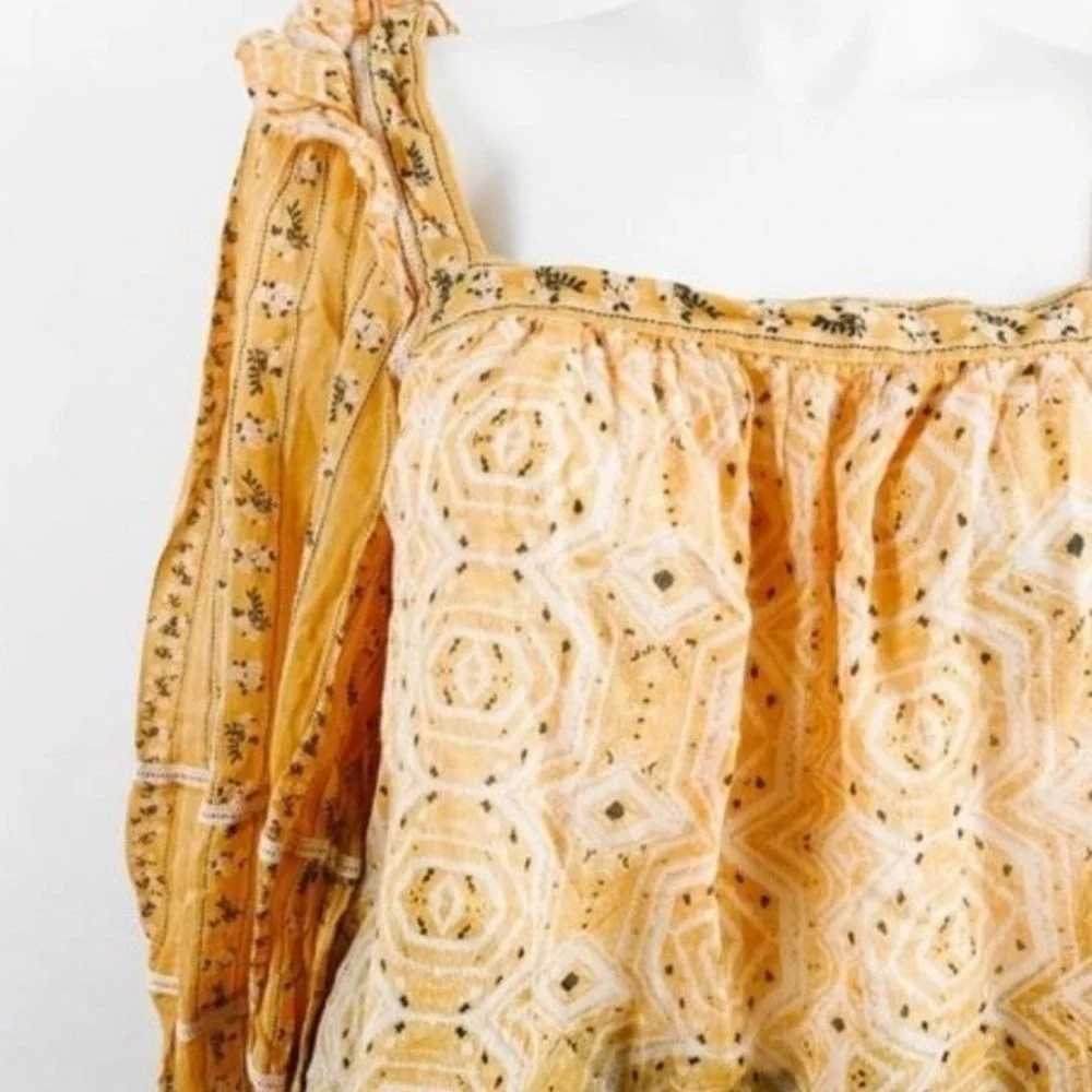 Free People Mustard Yellow Boho Floral Geometric Ruffle Puff Sleeve Blouse Large